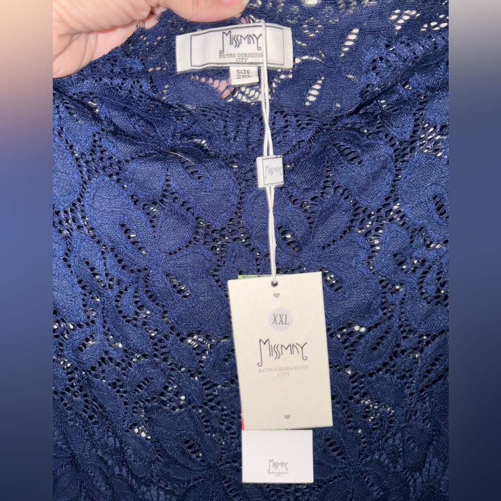 Off-Shoulder Navy Lace Fit & Flare Dress - Picture 3 of 3